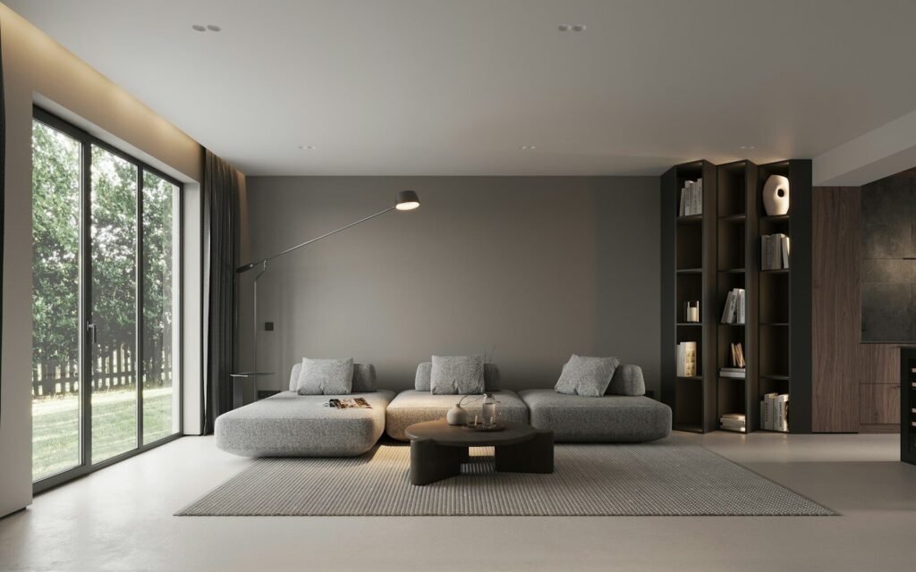 A modern living room with a large window